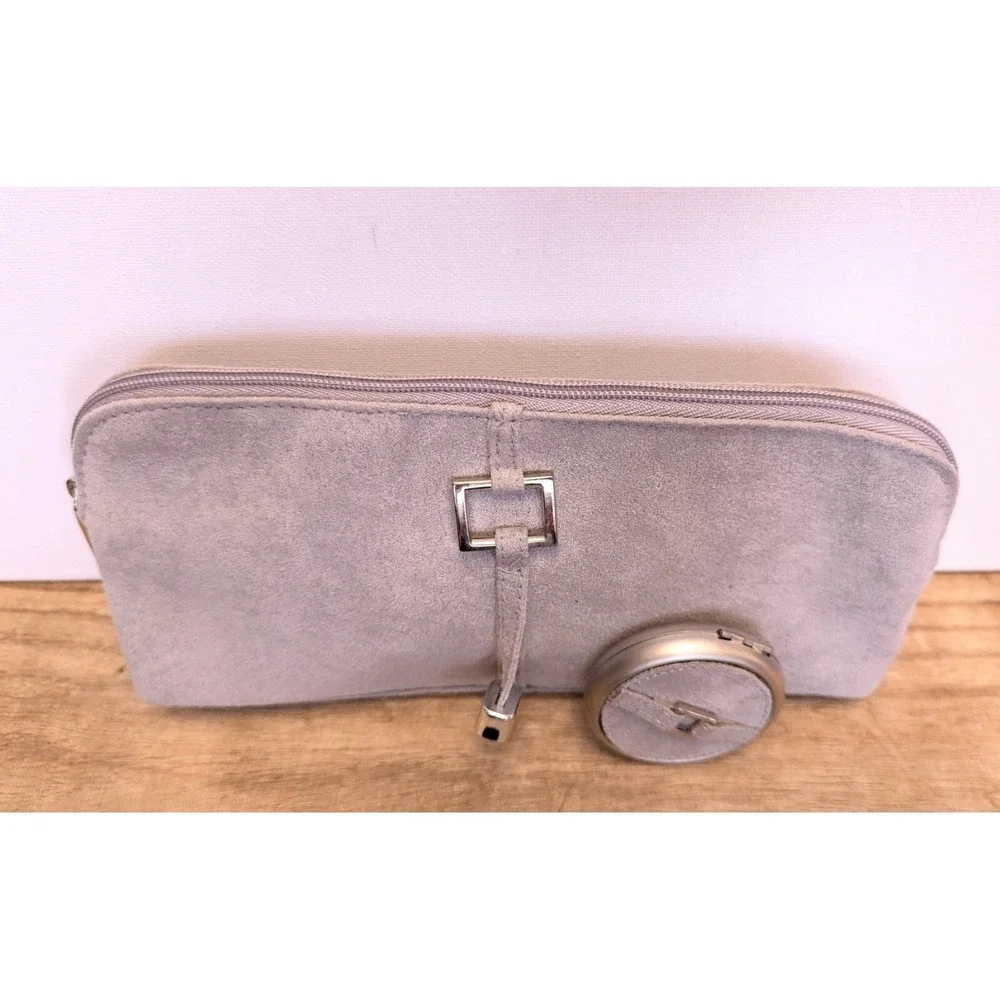 Estee Lauder Faux Suede Gray Cosmetic Zipper Bag Pouch Clutch + Travel Mirror